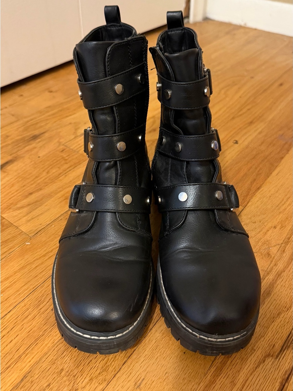 SO Black Buckle Strap Studded Combat Boots
